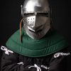 Houndskull bascinet helmet with green padded coif worn on fighter, front three-quarter view showing perforated visor and leather chin strap