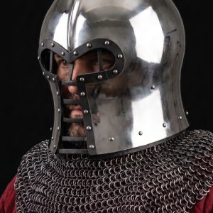 Barbute Helmet with Bar Grill Visor – Steel Combat Helmet with Chainmail Aventail