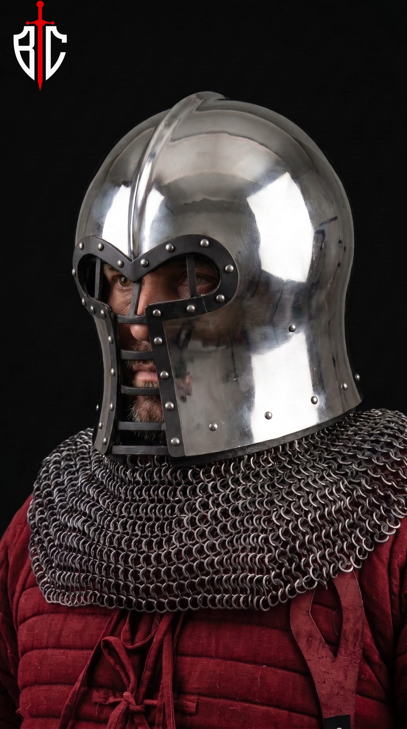 Barbute Helmet with Bar Grill Visor - Steel Combat Helmet with Chainmail Aventail