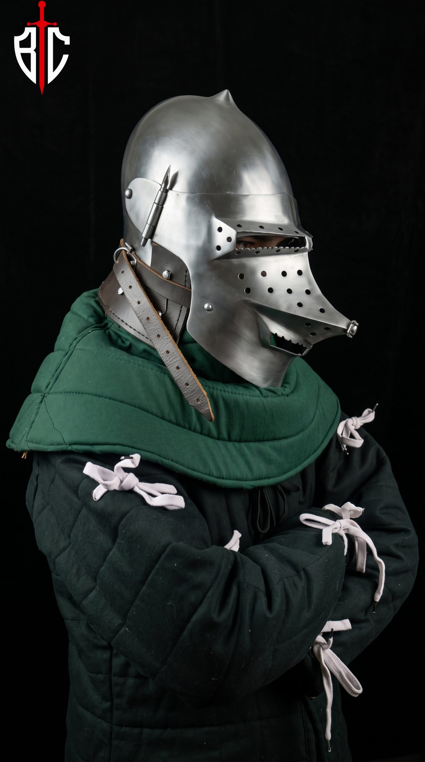 Houndskull Bascinet Helmet - Steel Combat Helmet with Padded Coif for Buhurt & SCA