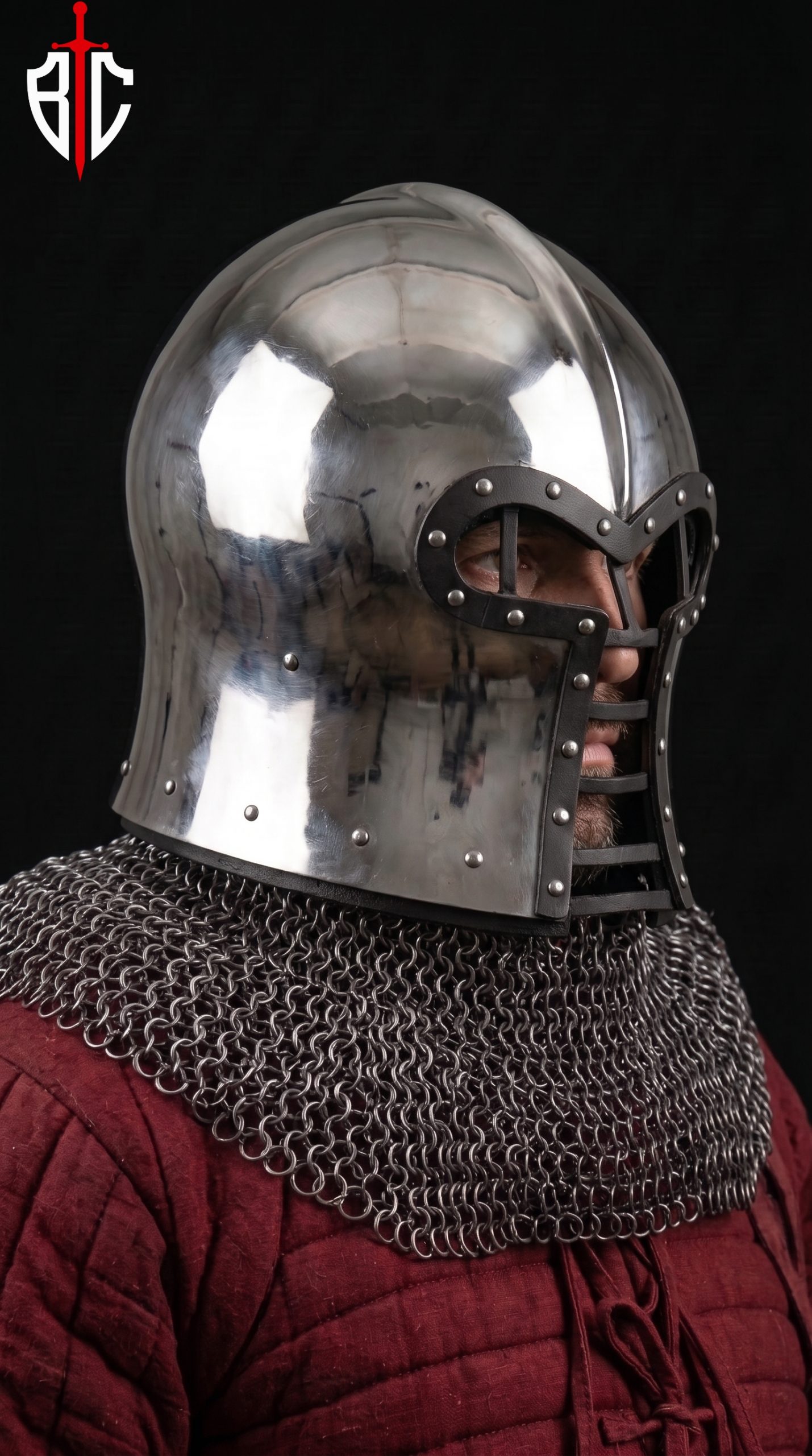 Barbute Helmet with Bar Grill Visor - Steel Combat Helmet with Chainmail Aventail