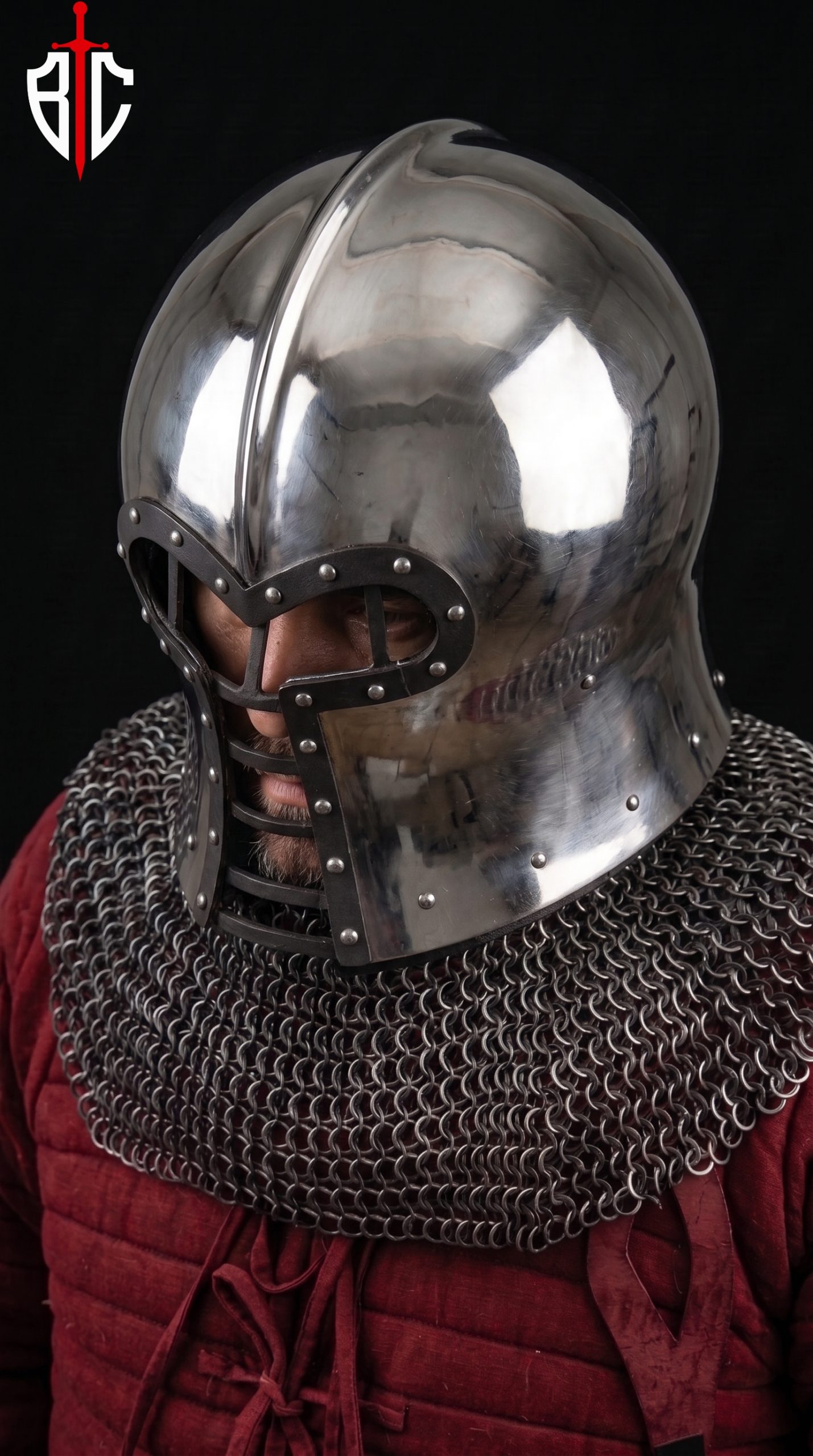 Barbute Helmet with Bar Grill Visor - Steel Combat Helmet with Chainmail Aventail