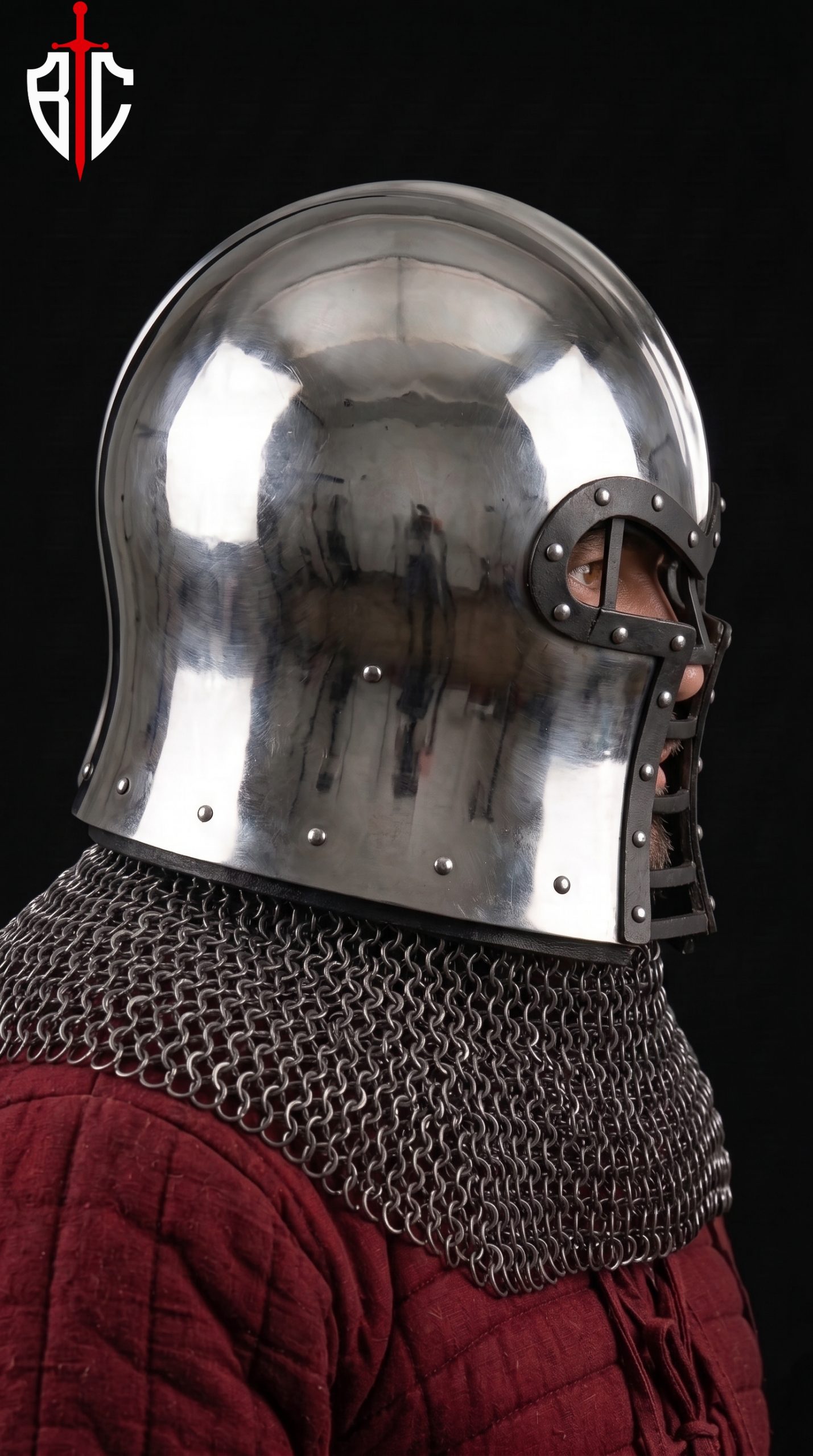 Barbute Helmet with Bar Grill Visor - Steel Combat Helmet with Chainmail Aventail