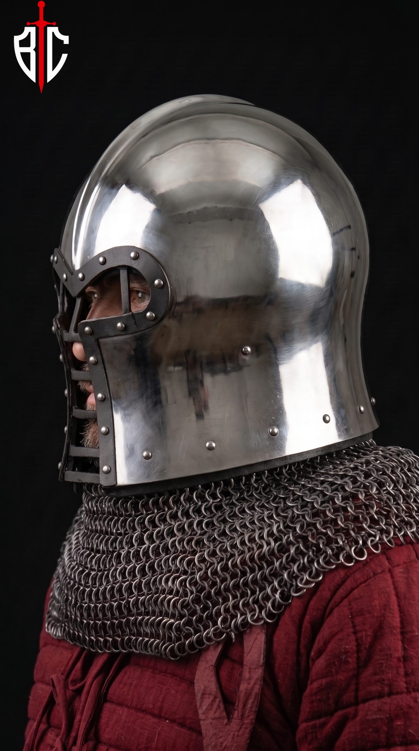 Barbute Helmet with Bar Grill Visor - Steel Combat Helmet with Chainmail Aventail